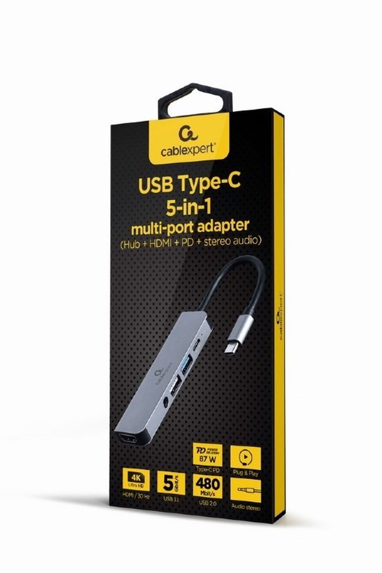 Gembird, adapter USB-C, 5w1, PD, HDMI, Audio, USB 3.1, USB 2.0