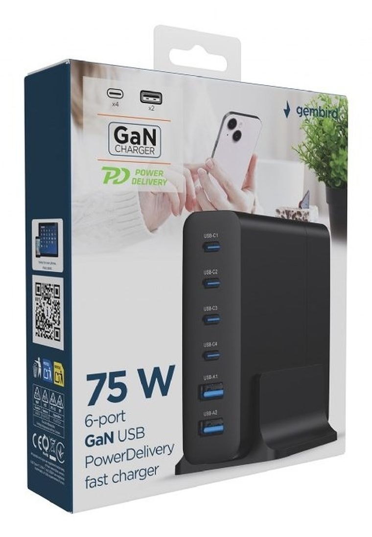 Gembird, ładowarka uniwersalna, 75W, GaN 2xUSB-A 4xUSB-C, szybkie ładowanie, czarna