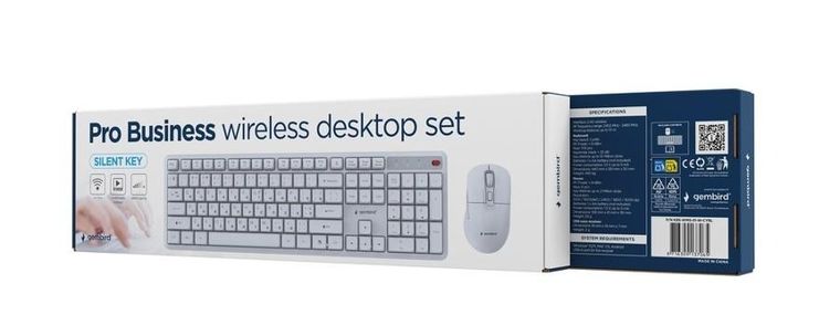 Gembird, Silent Key Pro Business, zestaw bezprzewodowy, klawiatura i mysz, biały, układ RU