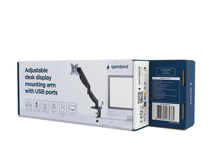 Gembird, uchwyt na monitor, z portami USB, regulowany, 17"-32"