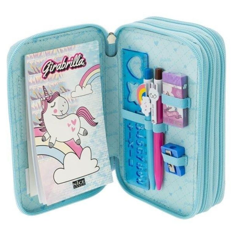 Girabrilla, piórnik rozkładany, potrójny, z wyposażeniem, jednorożec, błękitny