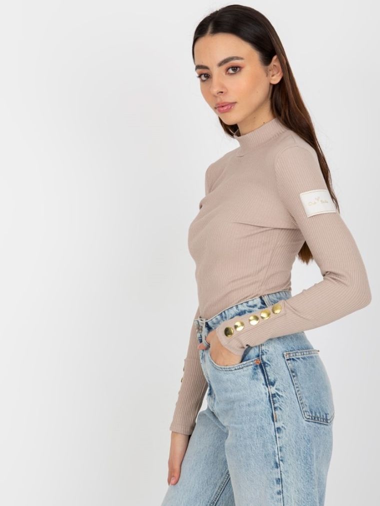 Golf damski z długim rękawem, prążkowany, beżowy, Och Bella