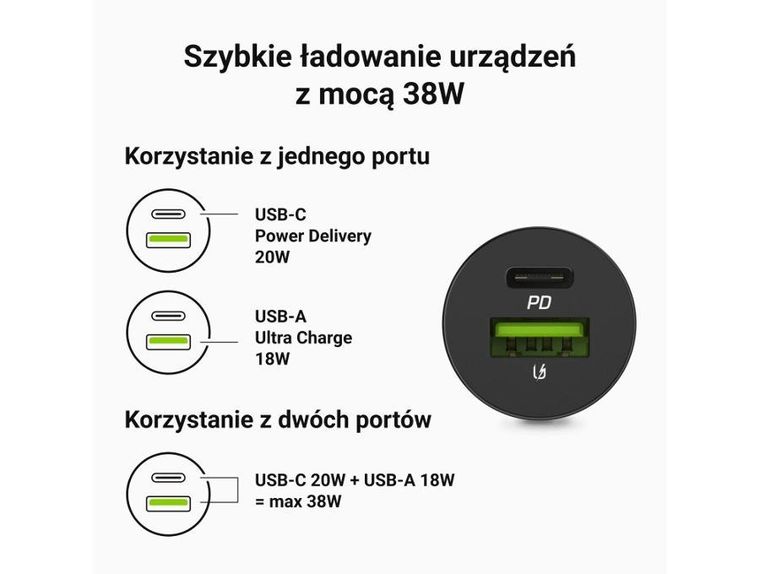 Green Cell, ładowarka samochodowa, PowerRide Nano38, 38W, 6A, 1xUSB-C, 1xUSB-A