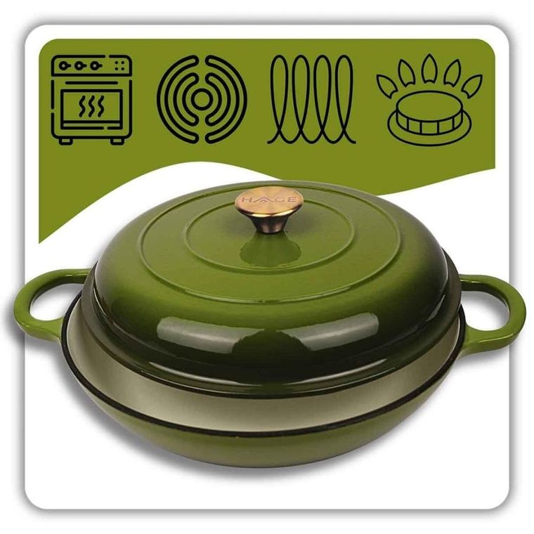 Hage, garnek żeliwny, emaliowany, płaski, oliwkowy, 30 cm, 3l
