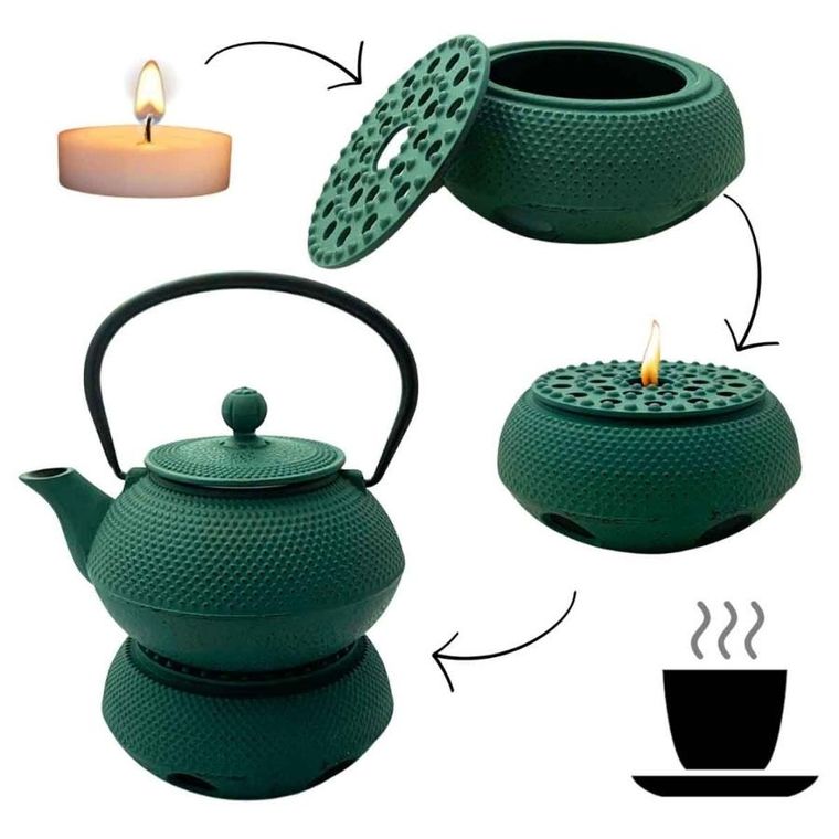 Hage, zestaw dzbanek żeliwny, z filiżankami i podgrzewaczem, zielony, 4-60 ml, 900 ml