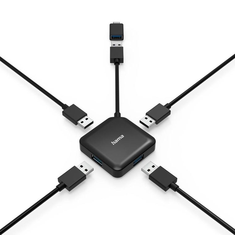 Hama, hub USB, 4 porty USB 3.2, gen1 5 gbit/s, z adapterem USB-C