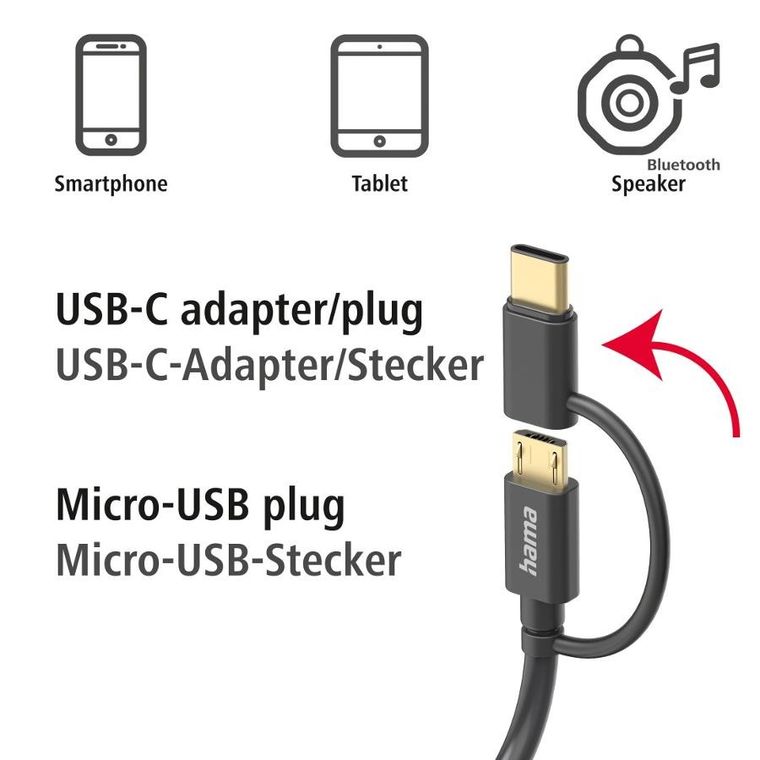 Hama, kabel do telefonu z adapterem 2-1 usb-c micro usb usb-a długość 1 m, czarny