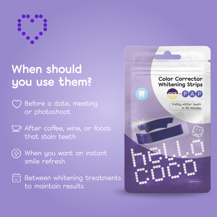 Hello Coco, Whitening Strips, paski wybielające z pap, fioletowe, 14 szt.