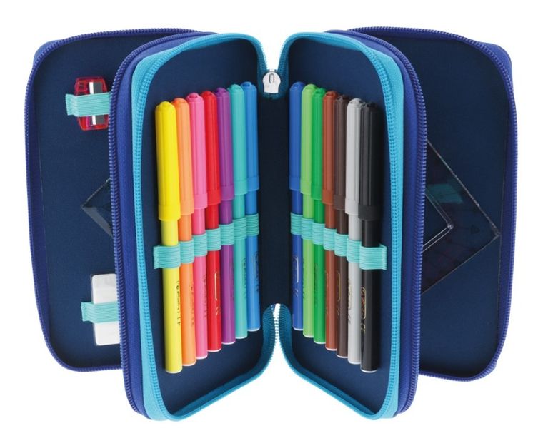 Herlitz, piórnik rozkładany, potrójny, z wyposażeniem, niebiesko-turkusowy