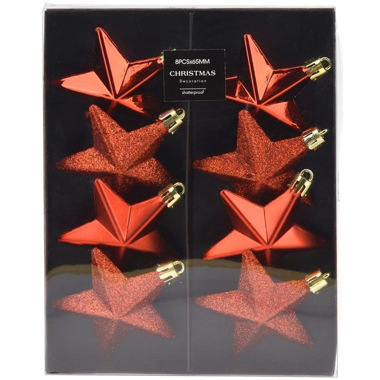 Home Styling Decoration, bombki choinkowe, nietłukące, gwiazdki, czerwone, 6,5 cm, 8 szt.