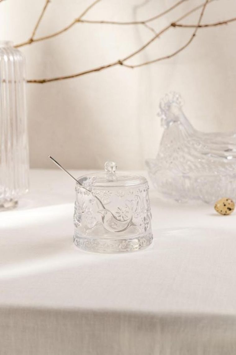 Homla, Creston, cukiernica, szklana z motywem ptaków, 0,26l