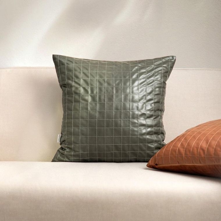 Homla, Katad, poszewka, z ekoskóry z ozdobnymi przeszyciami, zielona, 45-45 cm