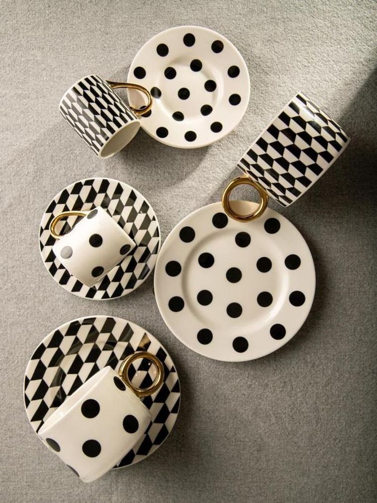 Homla, Lunya, filiżanka, ze spodkiem, czarno-białe wzorki, 0,1l