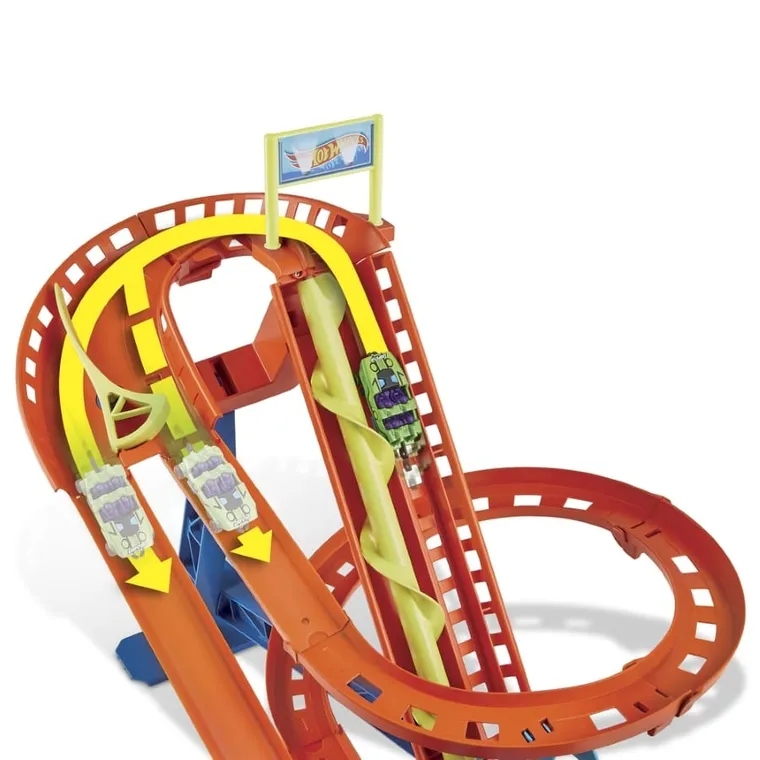 Hot Wheels City, Rajdowy Rollercoaster i 5 autek, zestaw z napędem + Mistrzowski skok na pętli GRATIS, zestaw promocyjny