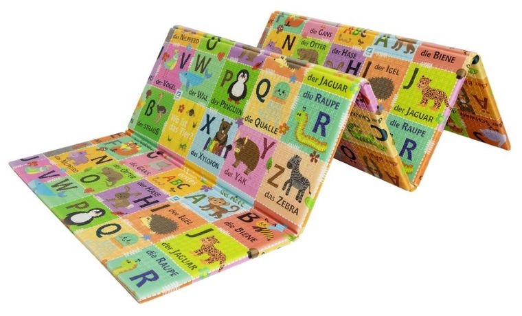 Humbi, dwustronna mata edukacyjna z pianki XPE, alfabet niemiecki i wieś, 180-200 cm