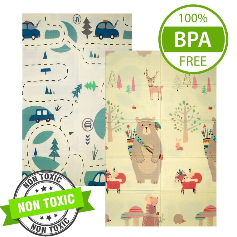 Humbi, dwustronna składana mata edukacyjna z pianki XPE, misie liski i auta, 120-180 cm