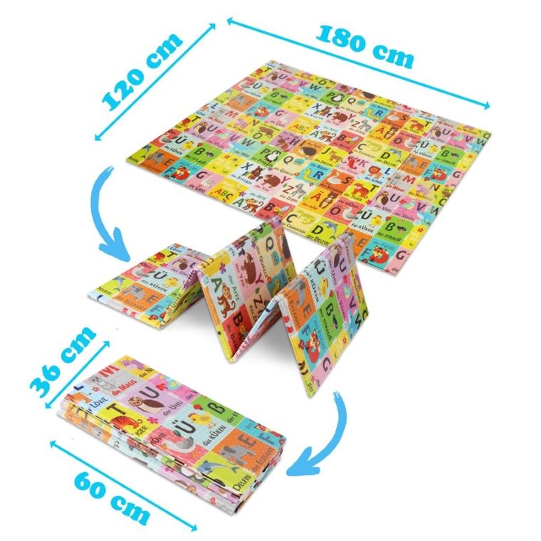 Humbi, mata edukacyjna 2w1 z pianki XPE, alfabet: wersja niemiecka, 120-180 cm