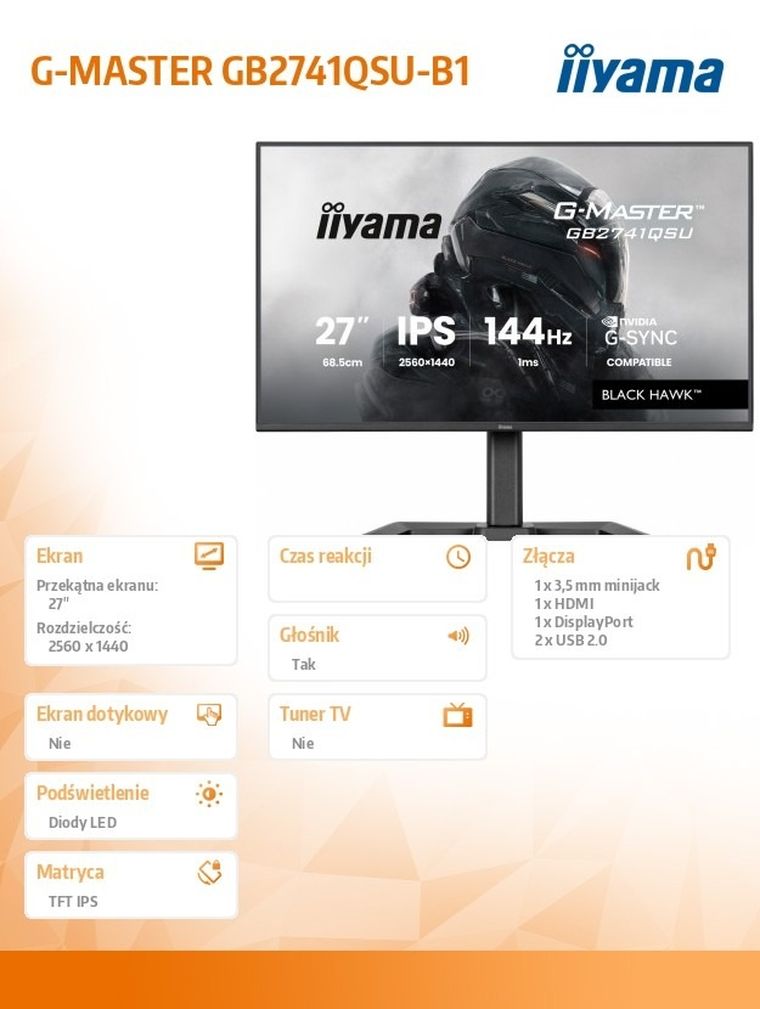 Iiyama, monitor, 27", GB2741QSU-B1 IPS, QHD, 144Hz, 1ms, 2xUSB, Adaptive G-SYNC, HDMI, DP, 350cd, HAS (150) PIVOT