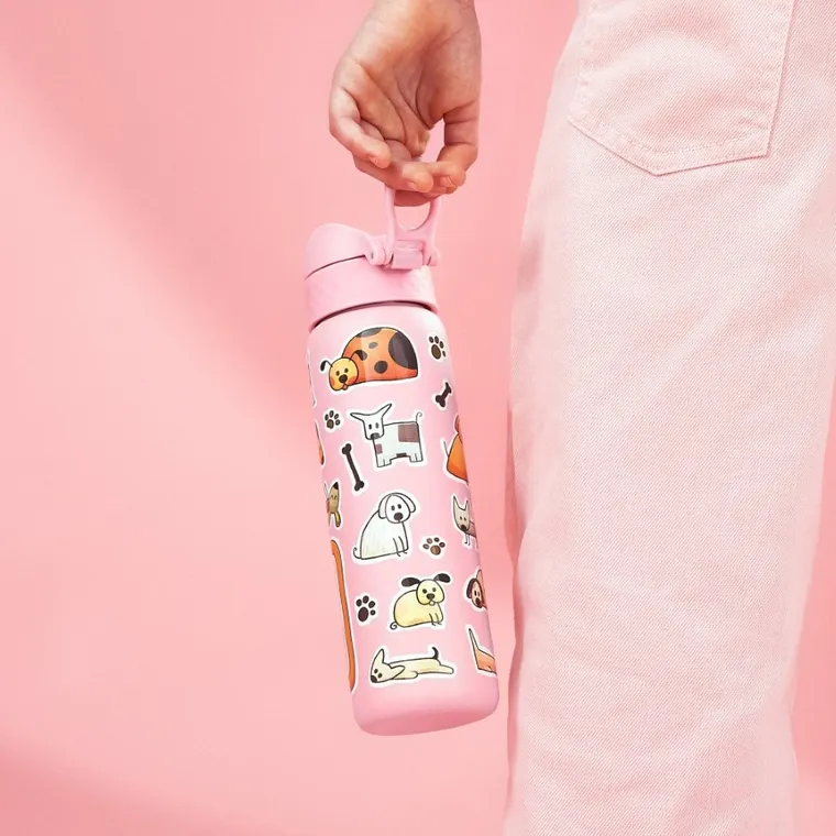 ION8, Pieski, bidon stalowy z ustnikiem, różowy, 600 ml