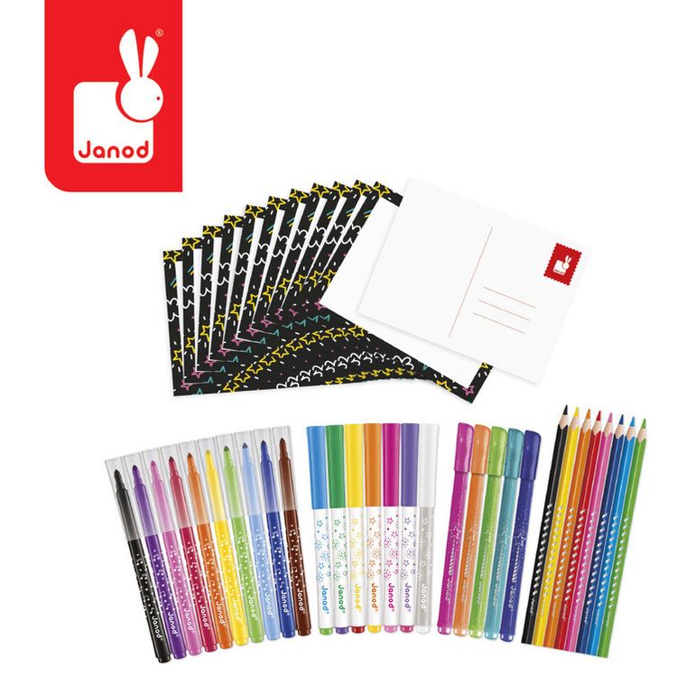 Janod, Coloring box, zestaw przyborów do kolorowania, 42 elementy