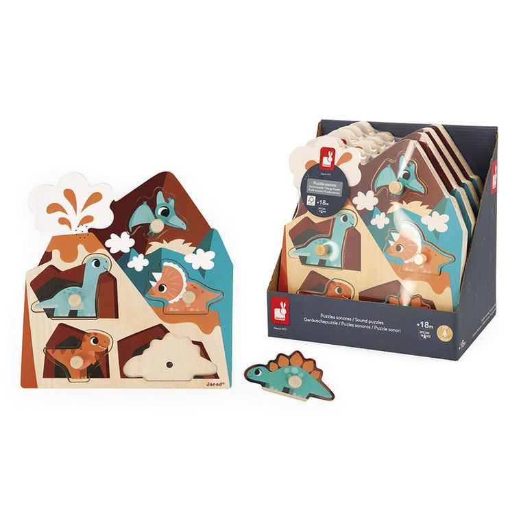 Janod, Dinozaury, drewniane puzzle muzyczne, 6 szt.