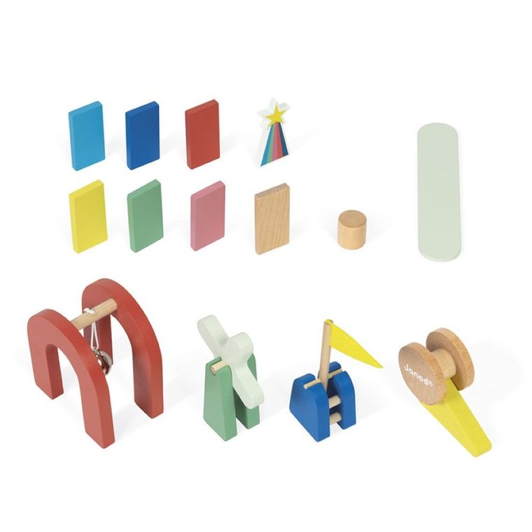 Janod, domino drewniane, tor przeszkód, gra zręcznościowa, 100 elementów