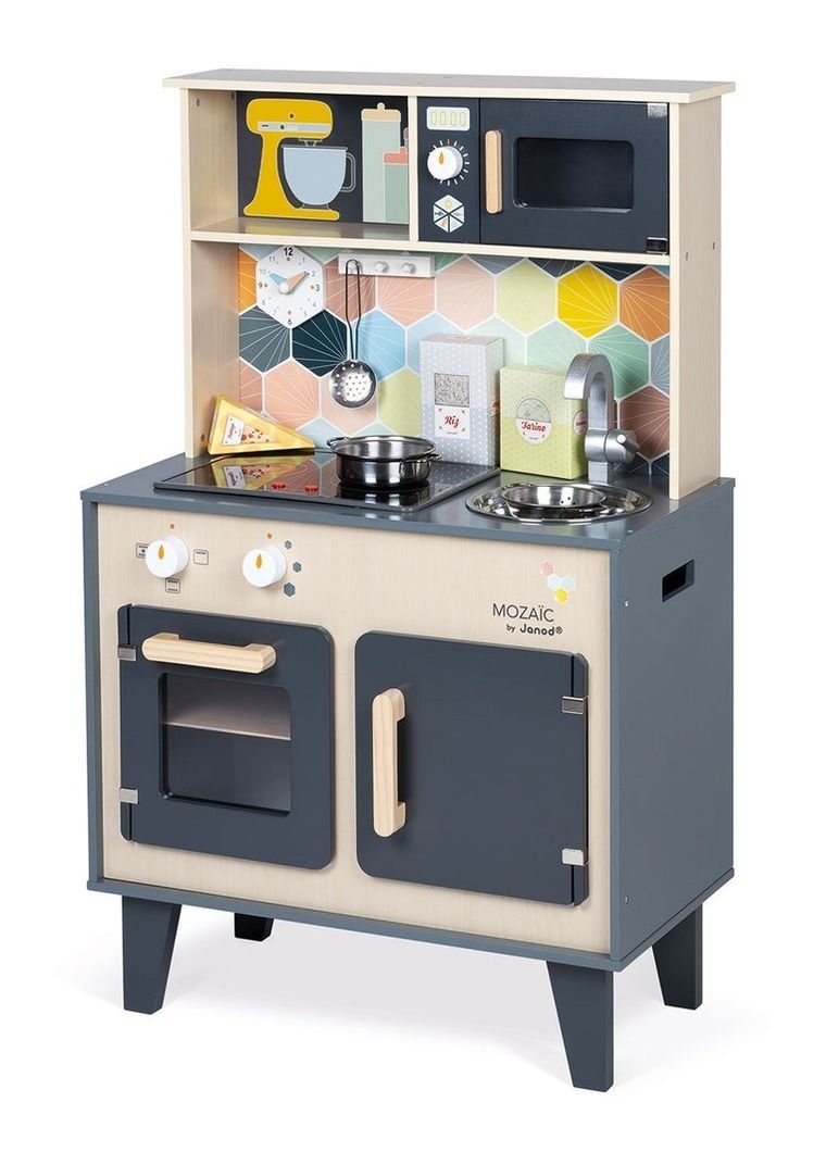 Janod, drewniana kuchnia z dźwiękiem, światłem LED i 6 akcesoriami