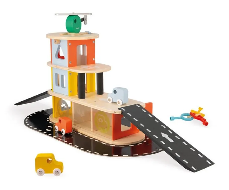 Janod, drewniany garaż piętrowy, zestaw z akcesoriami