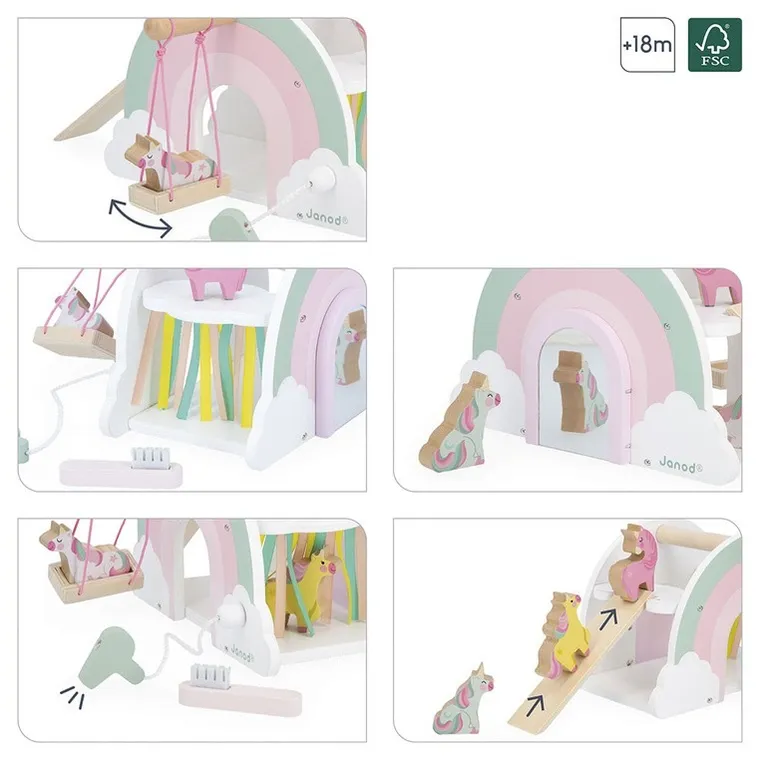 Janod, Jednorożce, drewaniany domek jednorożców z 5 akcesoriami