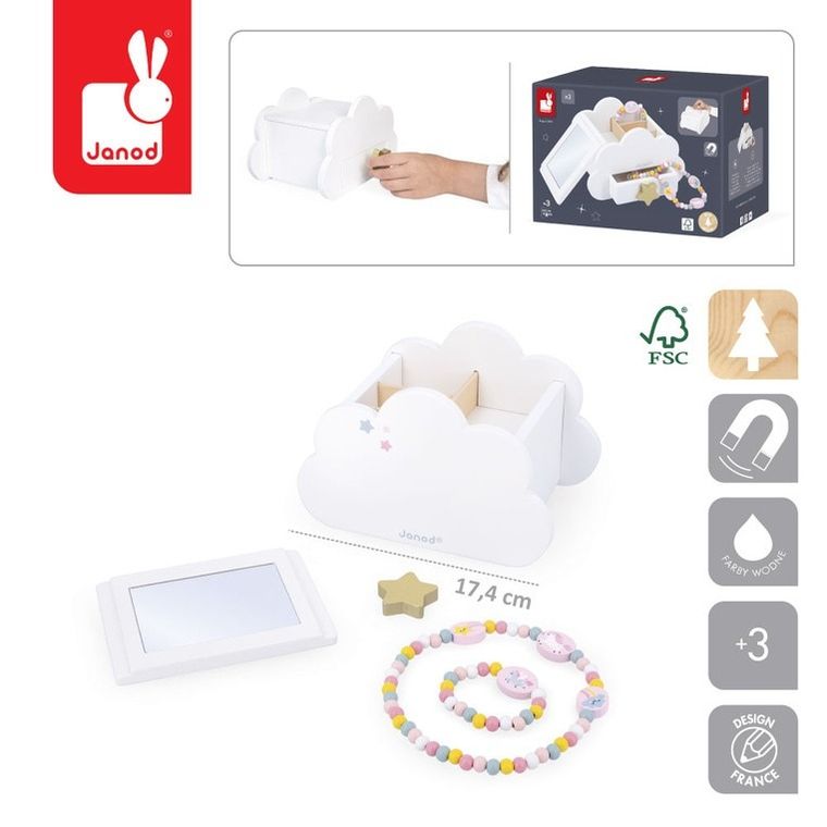 Janod, Jednorożce, szkatułka na biżuterię z lusterkiem, naszyjnikiem i bransoletką