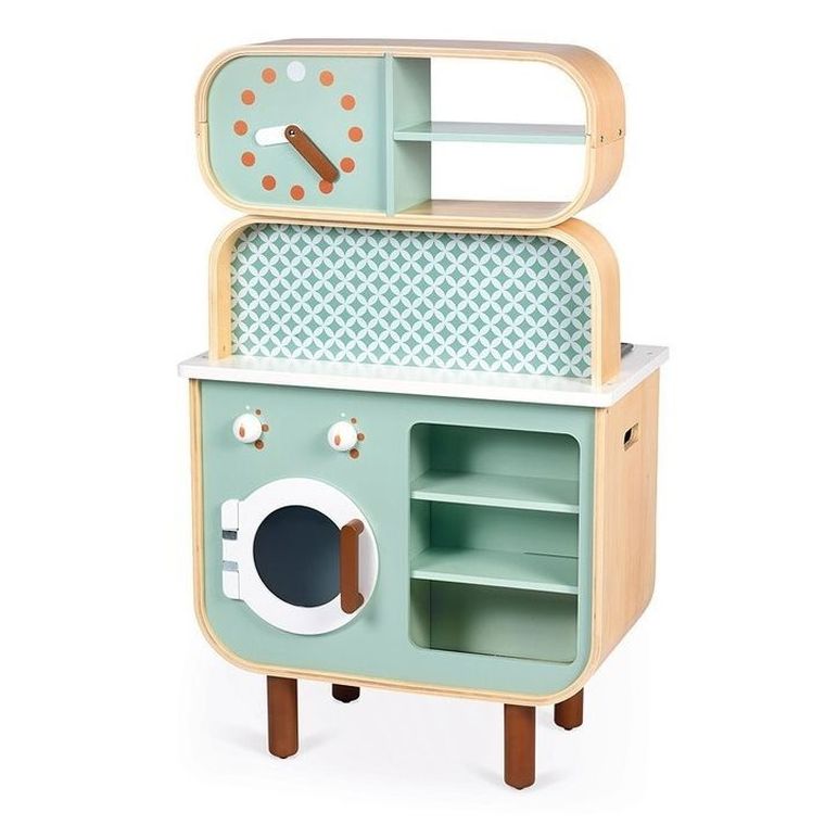 Janod, kuchnia z pralką, dwustronna, drewniana, 2w1, z dźwiękiem, światłem LED z 8 akcesoriami