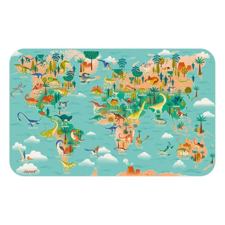 Janod, mapa świata, drewniana układanka magnetyczna, dinozaury, 50 magnesów