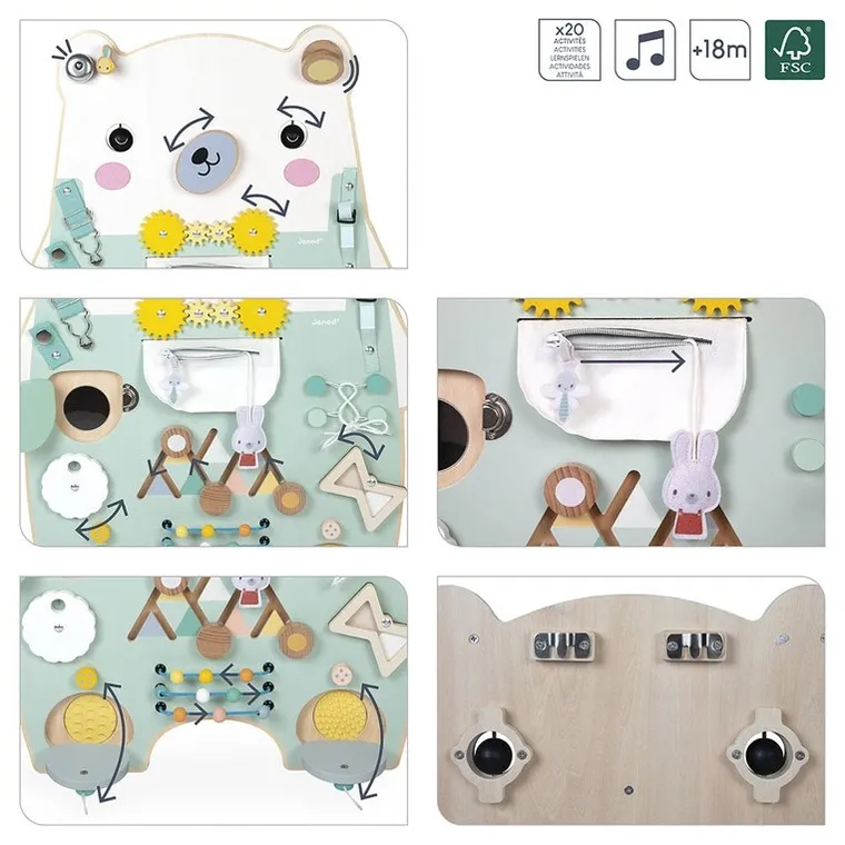 Janod, Miś Pure, drewniana tablica manipulacyjna, 20 aktywności