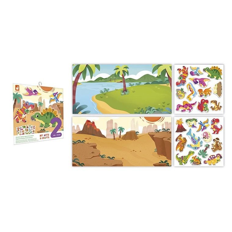 Janod, My arts & crafts, Dinozaury, grube naklejki wielorazowe, multizestaw kreatywny