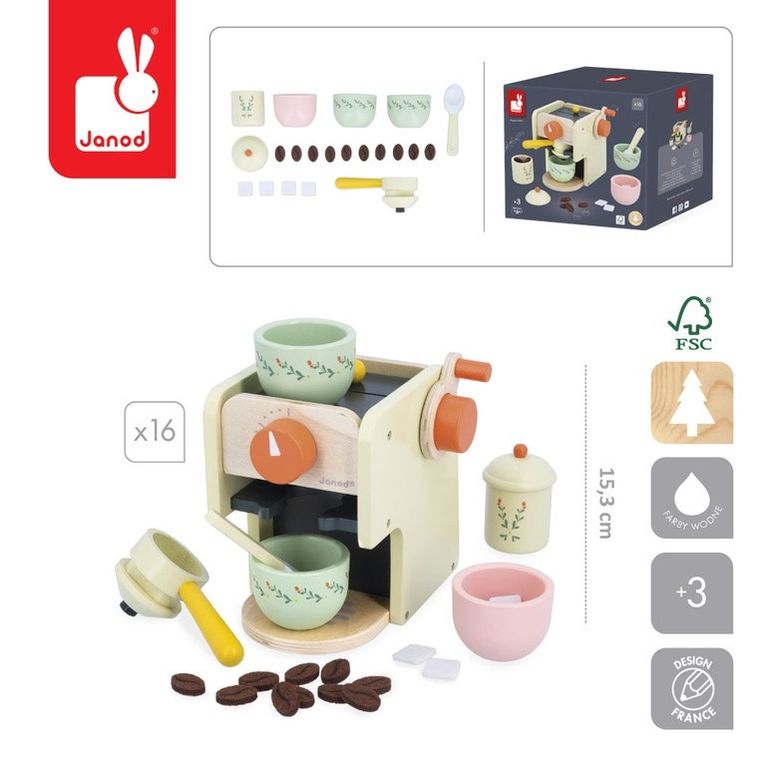 Janod, Shiny Grandma, drewniany ekspres ciśnieniowy do kawy z akcesoriami