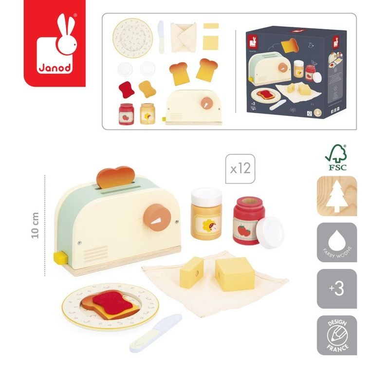 Janod, Shiny Grandma, drewniany zestaw śniadaniowy z tosterem i 12 akcesoriami