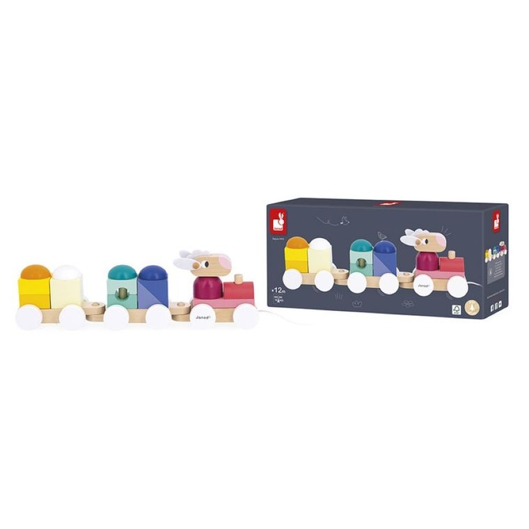 Janod, Zigolos, pociąg drewniany z klockami i zwierzątkami do ciągnięcia