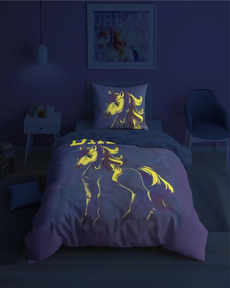 Jednorożec, pościel 2-częściowa, świecąca w ciemności, 160-200 cm