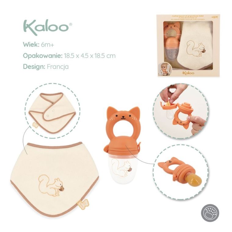 Kaloo, Grignoti, Wiewiórka, zestaw prezentowy 2w1, gryzak, smoczek do owoców + śliniak