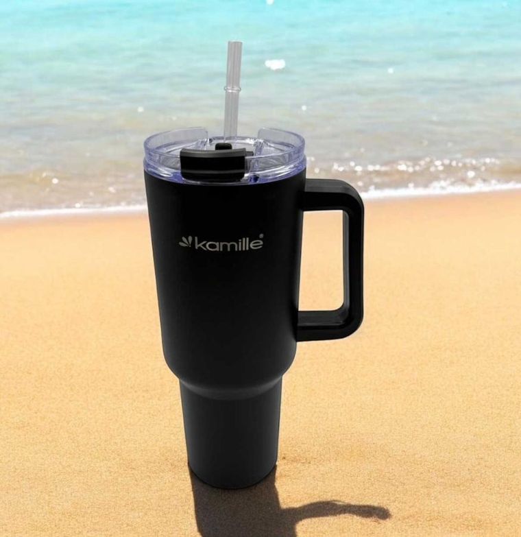 Kamille, stalowy kubek termiczny, termos, 1200 ml, z rączką i słomką