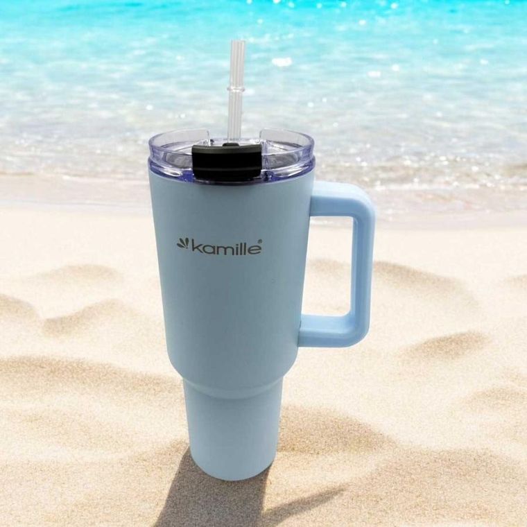 Kamille, stalowy kubek termiczny, termos, 1200 ml, z rączką i słomką