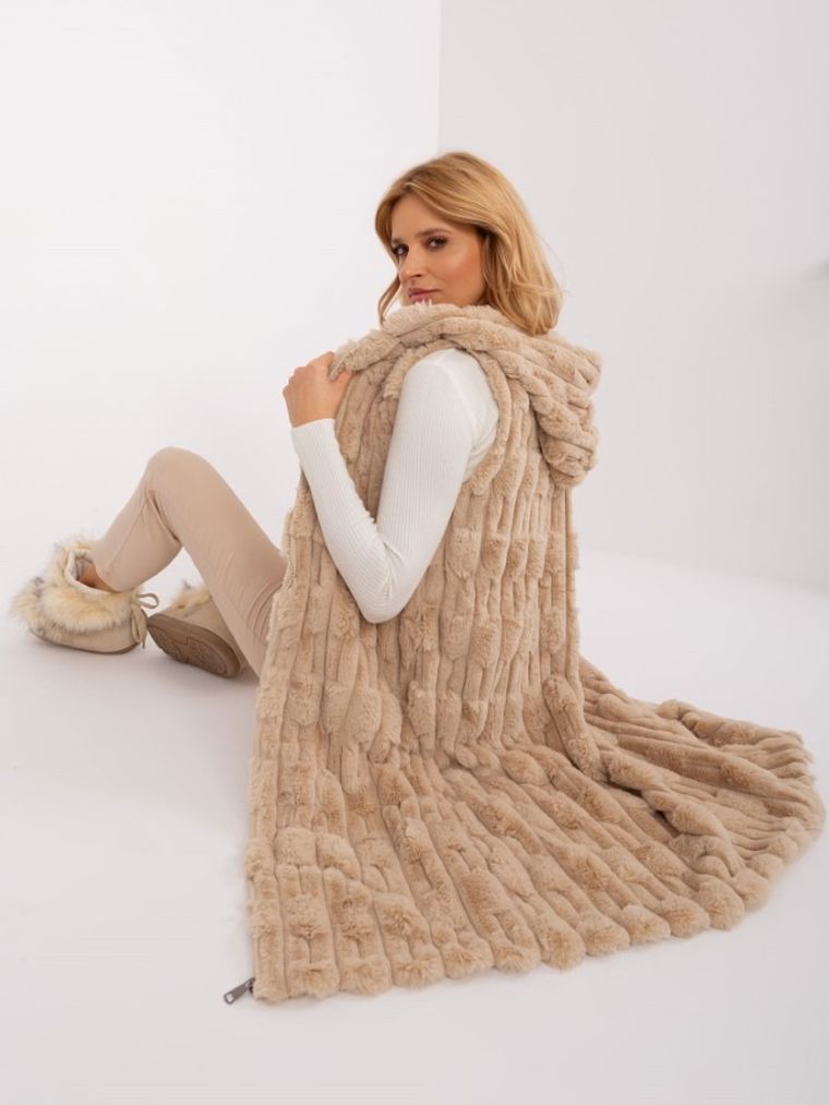 Kamizelka damska z kapturem, beżowa, Italy Moda
