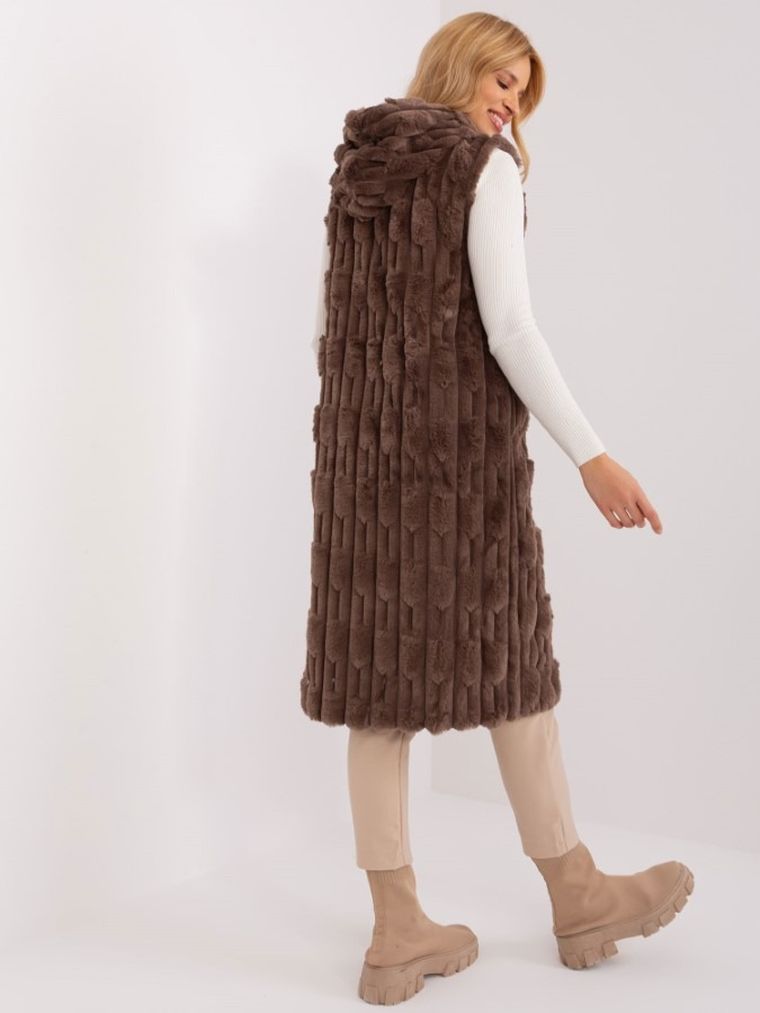 Kamizelka damska z kapturem, brązowa, Italy Moda