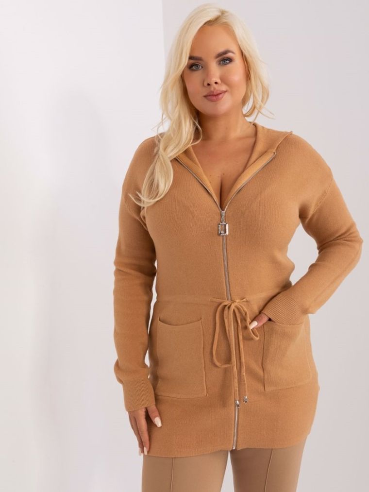 Kardigan damski z kapturem, plus size, brązowy, P-M