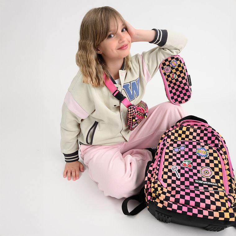 Kayokki, saszetka na biodra, Szachownica, różowo-pomarańczowa