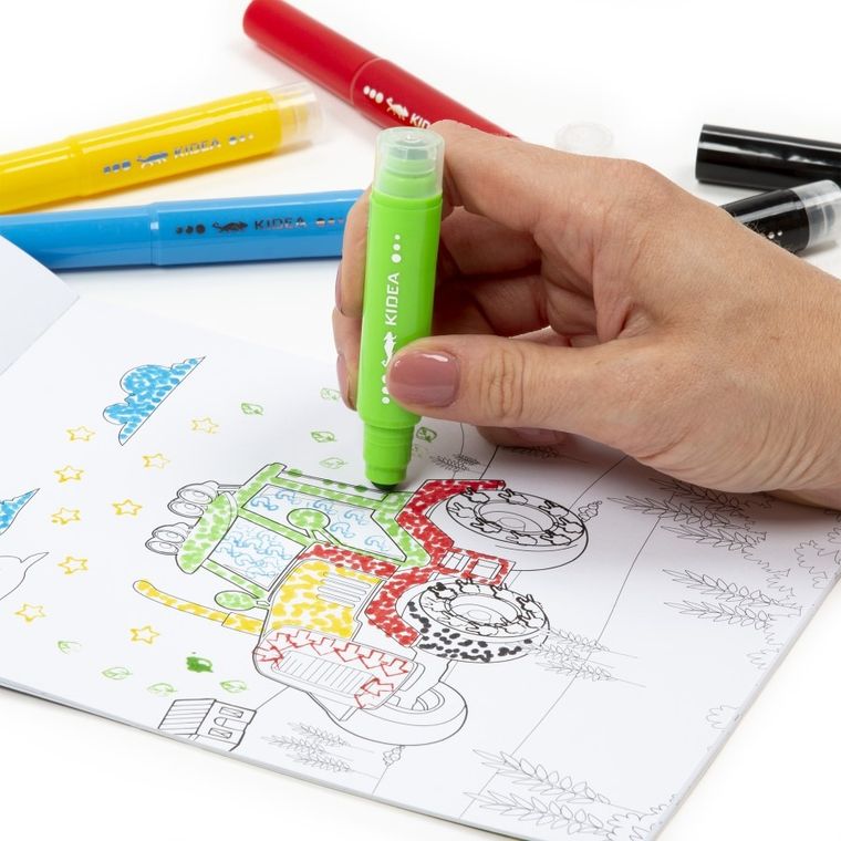 Kidea, flamastry do malowania kropkami ze stempelkami + kolorowanka pojazdy