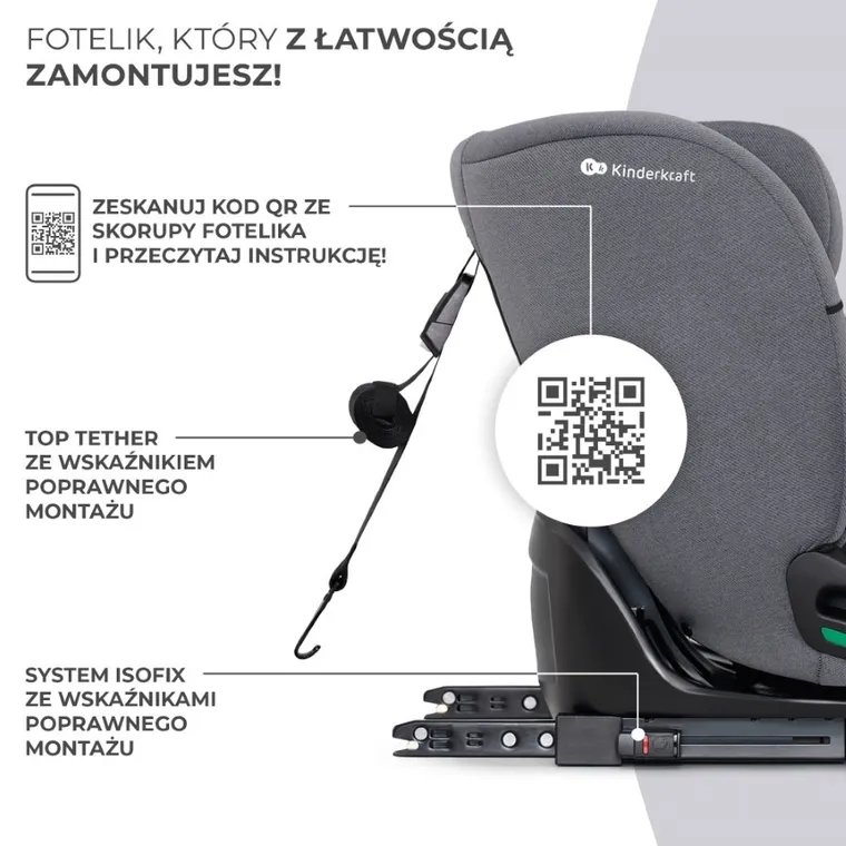 Kinderkraft, Oneto 3, I-size, fotelik samochodowy, Cool Grey, 76-150 cm