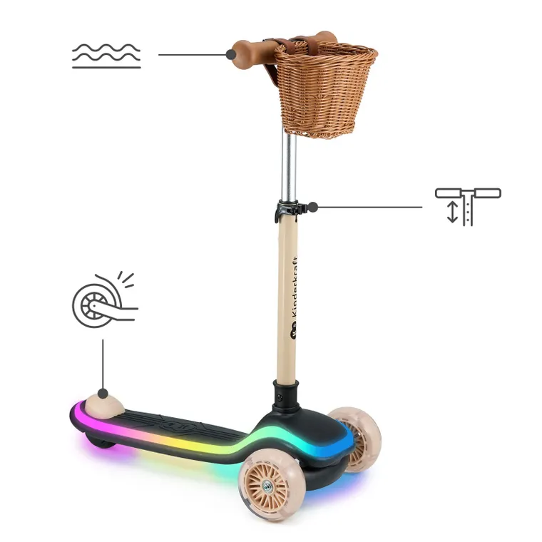 Kinderkraft, Raket, hulajnoga 3-kołowa LED, Beige