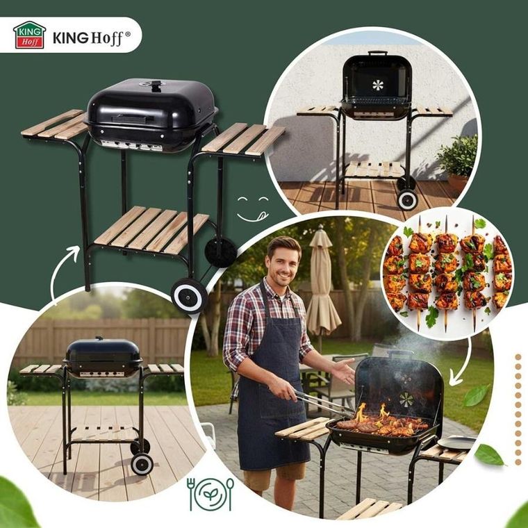 Kinghoff, grill węglowy na kółkach z półkami, kh-2034