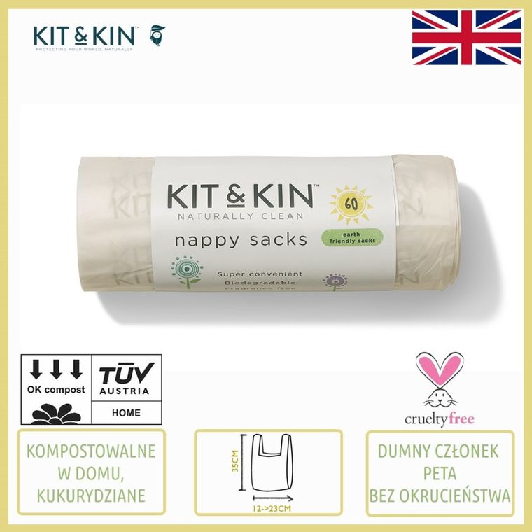 Kit and Kin, biodegradowalne bezzapachowe worki na zużyte pieluszki, 60 szt.